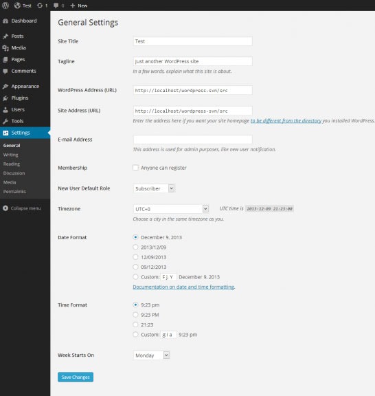 WordPress dashboard settings menu functions