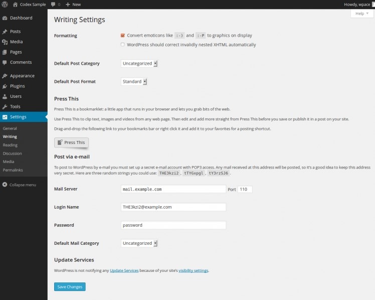 WordPress dashboard settings menu functions