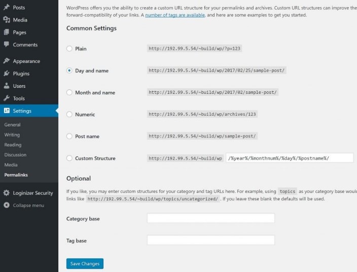 WordPress dashboard settings menu functions