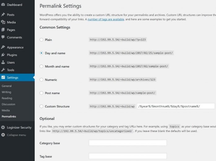 WordPress dashboard settings menu functions