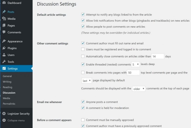 WordPress dashboard settings menu functions