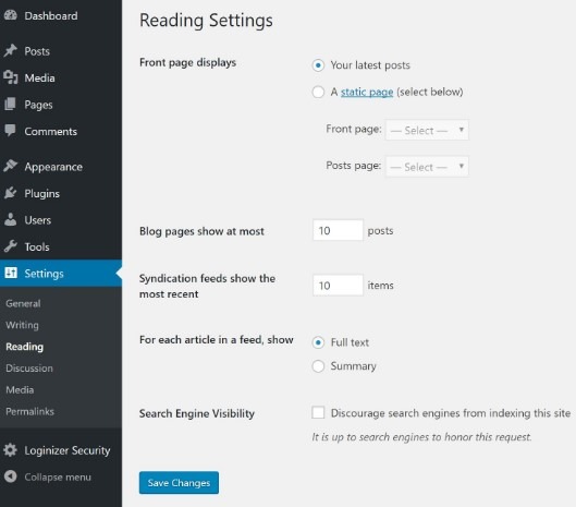 WordPress dashboard settings menu functions